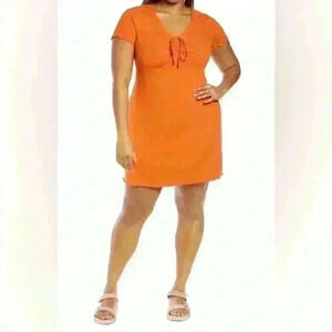 BP. Tie Front Lettuce Edge Rib Dress in Rust Amber - Size 2X (NWT)
